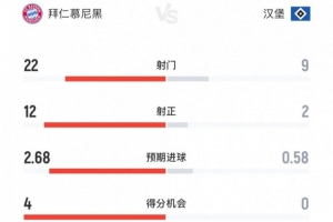 拜仁vs漢堡全場數據：射門22-9，射正12-2，得分機會4-0