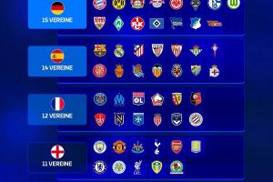 歐冠改制后五大聯賽參賽排行：德甲15隊居首，英超、意甲11隊最少