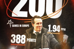 埃梅里完成執教生涯在歐戰的200場里程碑，共取得115場勝利388分