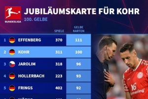 德甲歷史黃牌數量排名：埃芬博格111黃居首，D-科爾100黃次席
