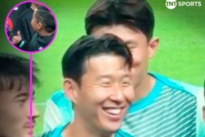 可愛對(duì)陣巴拉圭合影環(huán)節(jié)，孫興慜與SONNY發(fā)型的小球迷打招呼