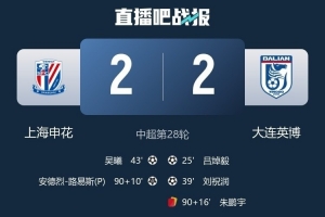 遭申花補時絕平，大連英博首次在BIG4球隊身上拿分