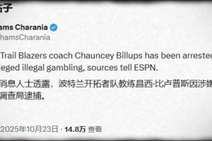 出大事了！Shams：開拓者主教練比盧普斯因涉嫌非法賭博被捕